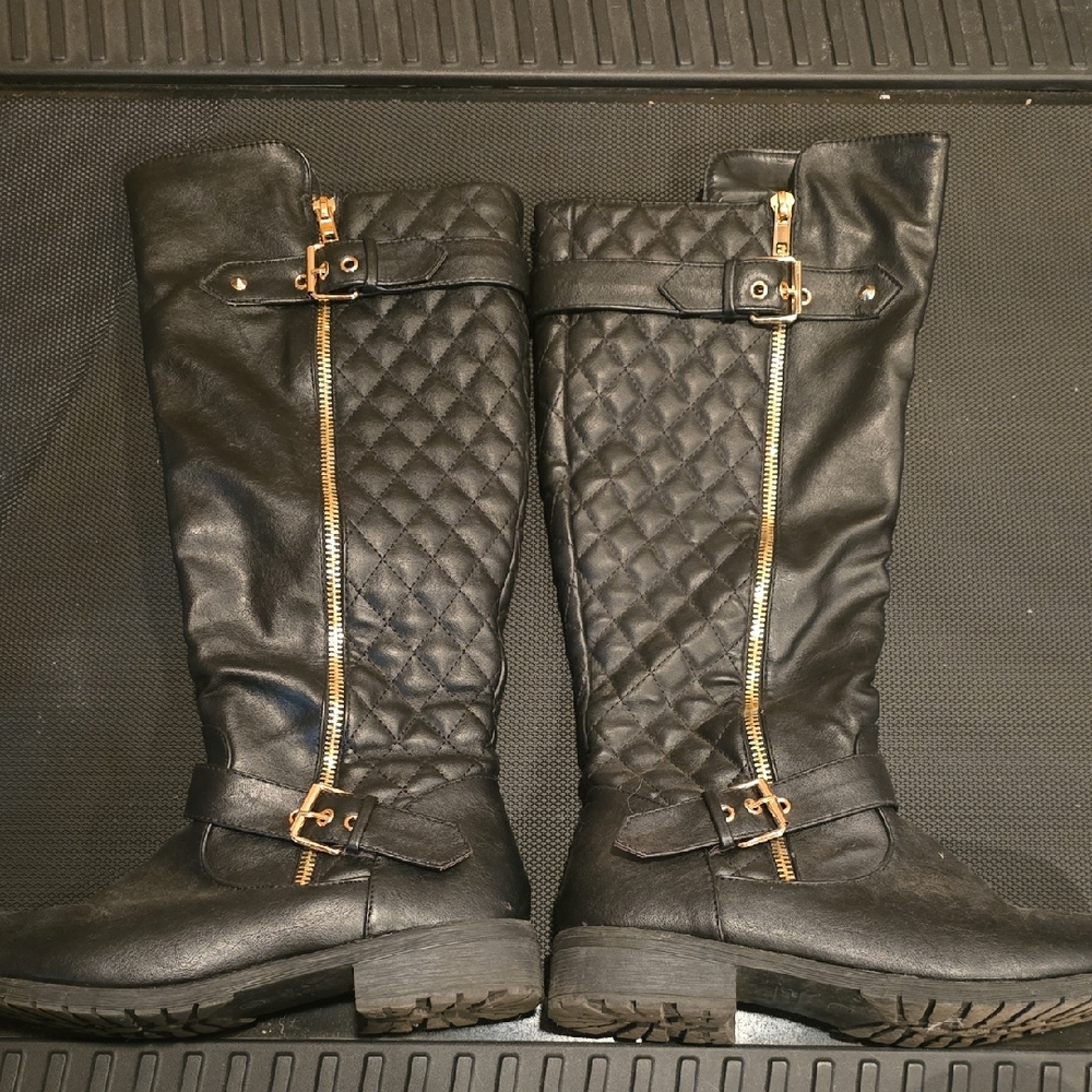 Black Quilted Knee-High Boots